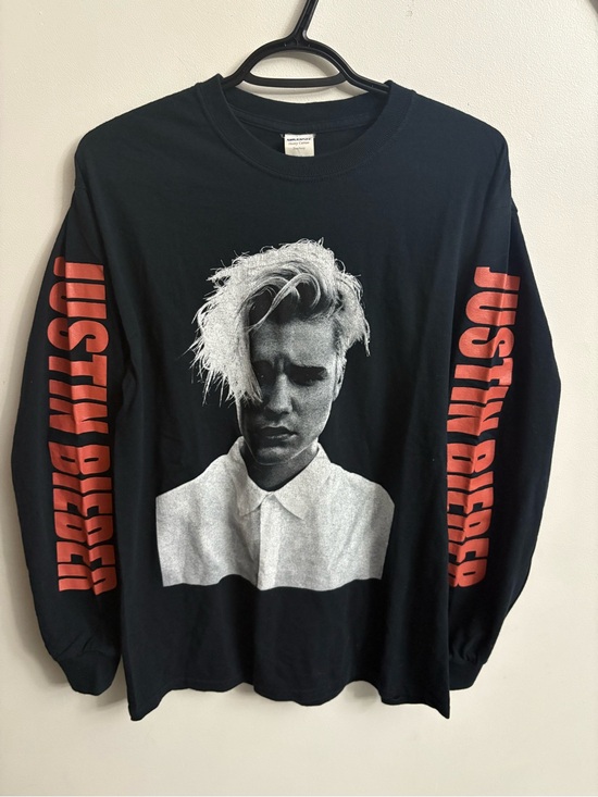 Justin Bieber Tops - Justin Bieber Black Long-Sleeve Tee with Red Sleeve Logo oversized medium